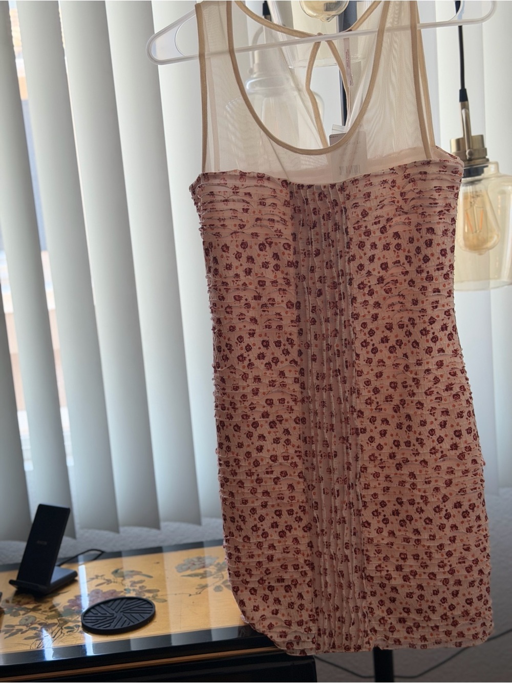 Free People Blush Pink Floral Mini Dress with Sheer Yoke